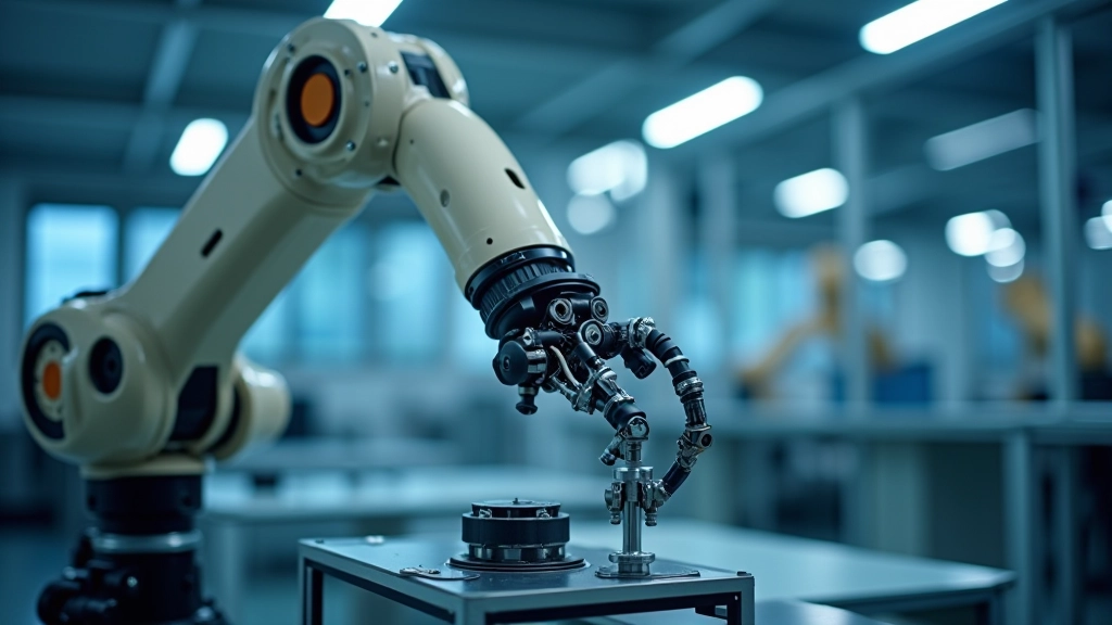 Braccio robotico avanzato in laboratorio che esegue operazioni di precisione con sensori visivi