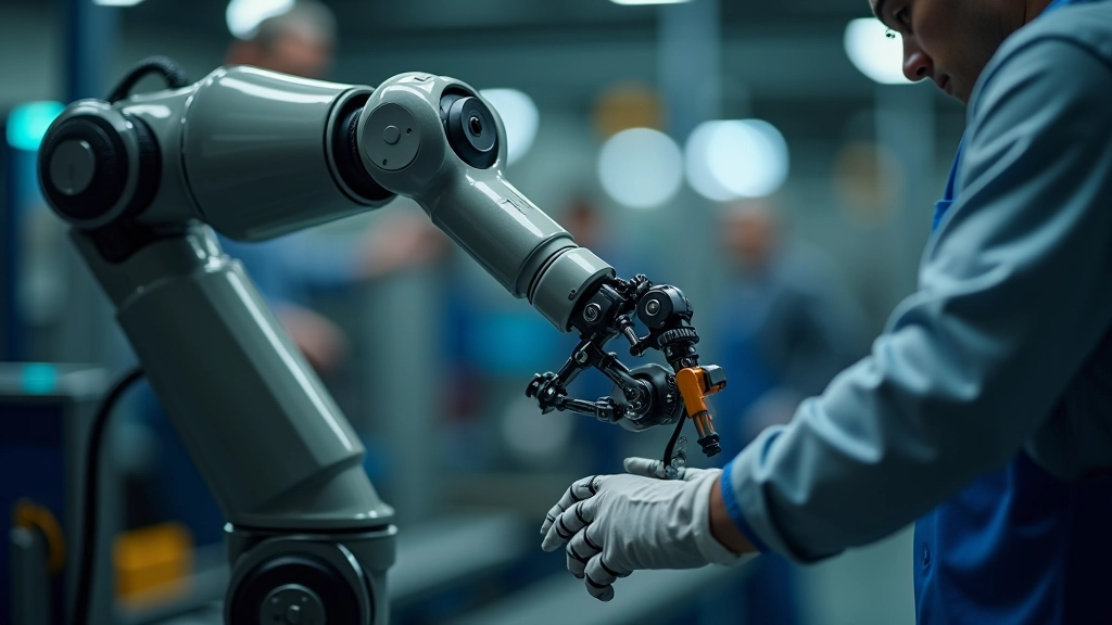 Braccio robotico avanzato che esegue compiti di precisione in ambiente industriale