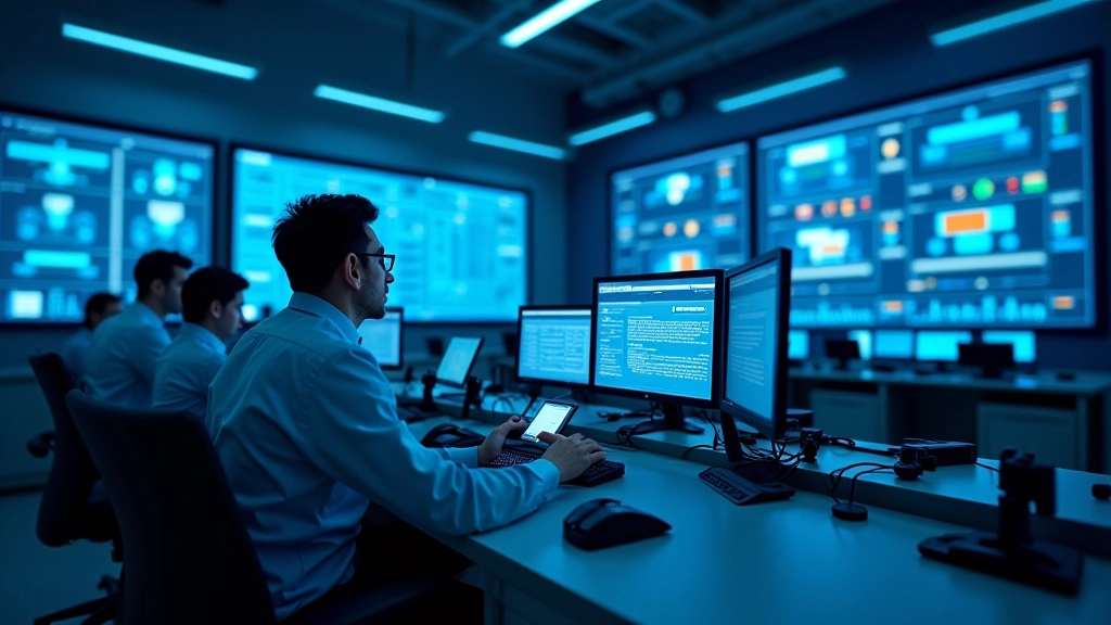 Centro di controllo con monitor che visualizza stato in tempo reale dei sistemi robotici