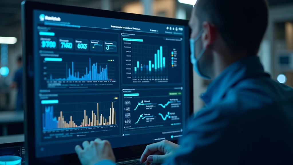 Interfaccia di monitoraggio con grafici di prestazione, algoritmi di machine learning visualizzati, schermo di controllo industriale