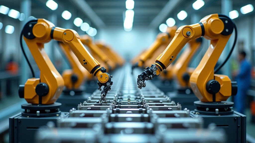 Linea di assemblaggio con bracci robotici intelligenti che lavorano in sincronia su componenti metalliche