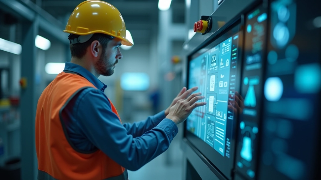 Operaio che interagisce con interfaccia touch di un sistema di controllo robotico