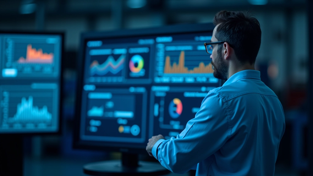 Schermo di monitoraggio dashboard che mostra metriche di produzione e KPI in tempo reale su interfaccia industriale