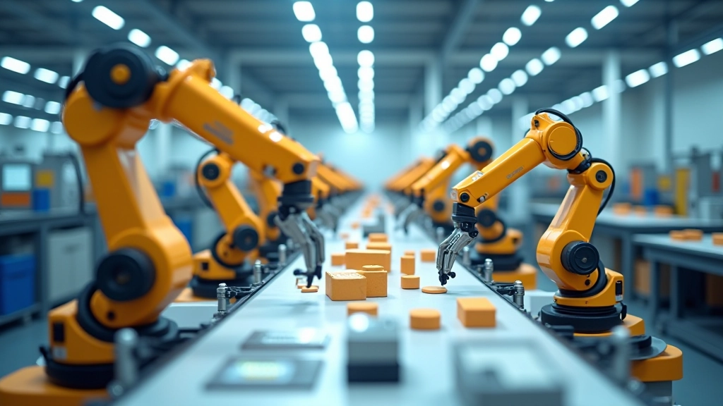 Linea di produzione con robot che adatta le operazioni, scatole di diverse dimensioni, ambiente industriale moderno