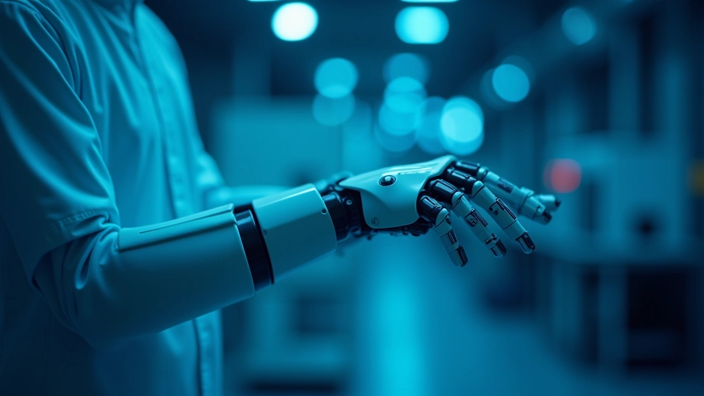 Braccio meccanico intelligente in ambiente industriale moderno con illuminazione tecnologica