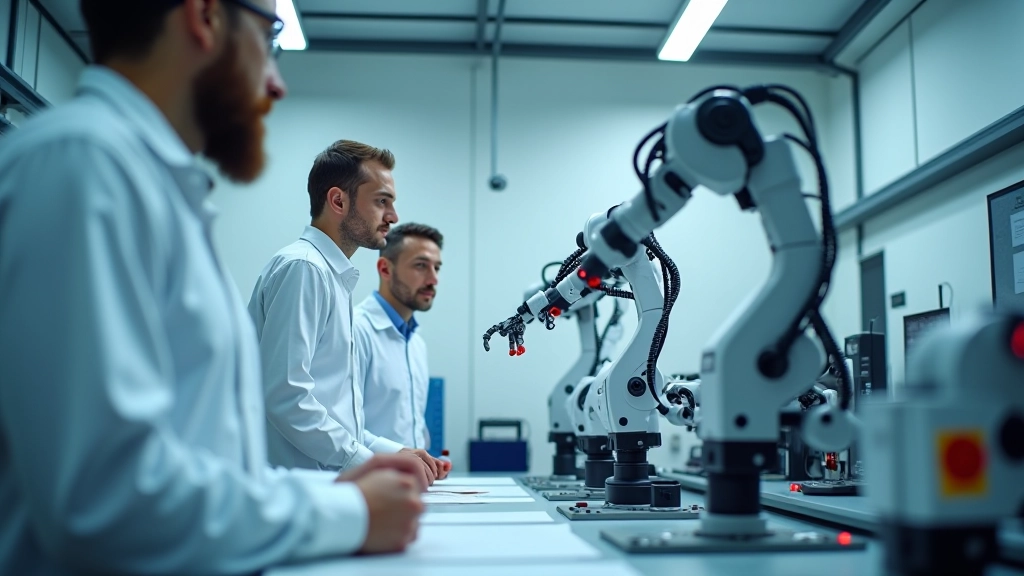Diversi tipi di bracci robotici industriali esposti in laboratorio di ricerca con persone che studiano le specifiche