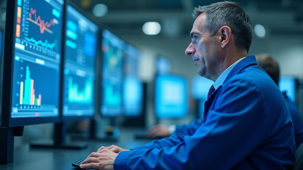 Operatore che monitora un pannello di controllo con grafici e dati di produzione del sistema robotico