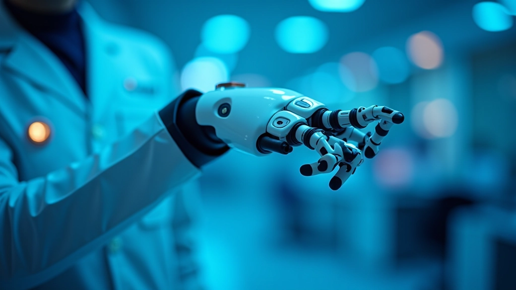 Sensore tattile su braccio robotico con feedback visuale, laboratorio di ricerca moderna, illuminazione LED blu