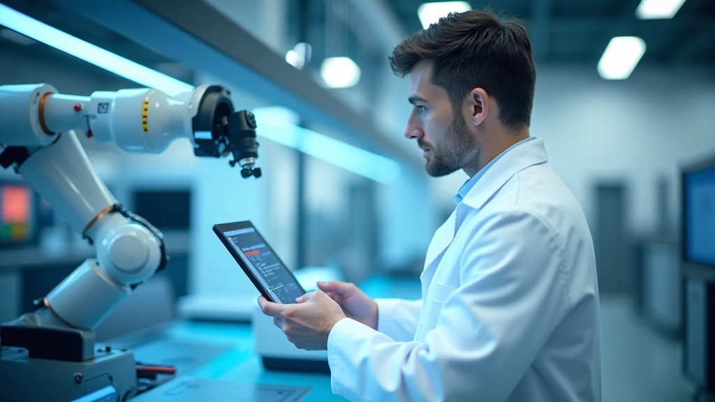 Tecnico che programma un braccio robotico con interfaccia touchscreen in laboratorio moderno