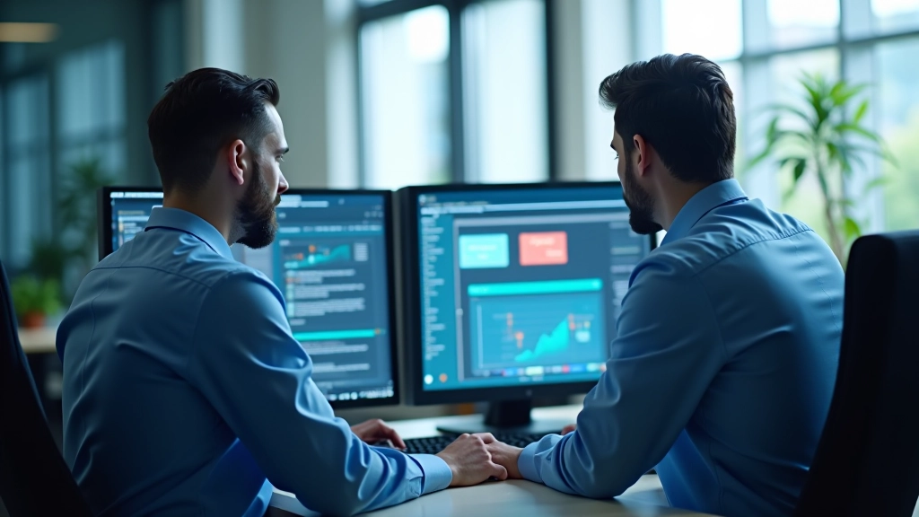 Ingegneri che studiano dati di training su monitor per ottimizzare i modelli di apprendimento del robot